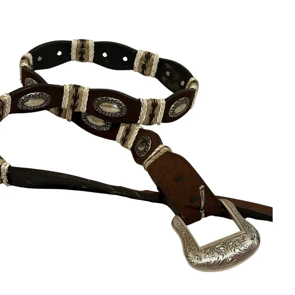 Western Genuine Leather Belt Men’s XXL Brown Rawhide Lacing Silvertone Conchos